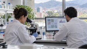 Dos investigadores trabajan con un microscopio en un laboratorio universitario.
