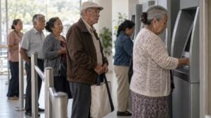 Personas mayores hacen fila frente a los cajeros automáticos de una sucursal bancaria