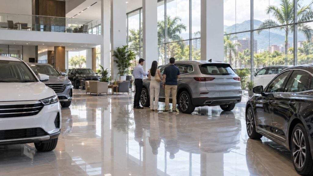 Pareja de espaldas observa autos nuevos en un concesionario genérico mientras un asesor permanece al fondo.
