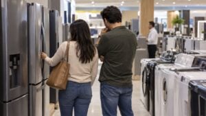 Pareja observa neveras y lavadoras en un almacén de electrodomésticos