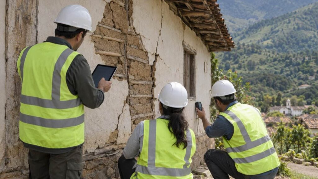 Investigadores revisan con una tableta las grietas de una vivienda dañada por un sismo.