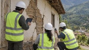 Investigadores revisan con una tableta las grietas de una vivienda dañada por un sismo.