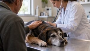 Una veterinaria examina a un perro anciano de hocico canoso mientras su dueño lo acaricia.