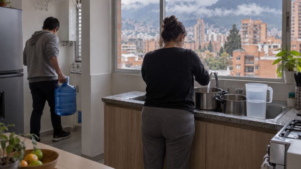 Una mujer llena ollas en el lavaplatos y un hombre carga un bidón de agua en una cocina de Bogotá antes de un corte.