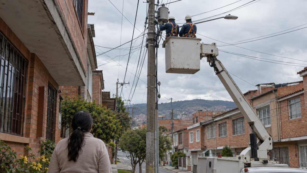 Enel corta la luz este martes en 23 sectores de Bogotá y Soacha: los vecinos de Britalia y Cantagallo, en Suba, esperan 11 horas 1 Dos técnicos trabajan en redes eléctricas sobre una canasta elevada en una calle residencial de Bogotá.
