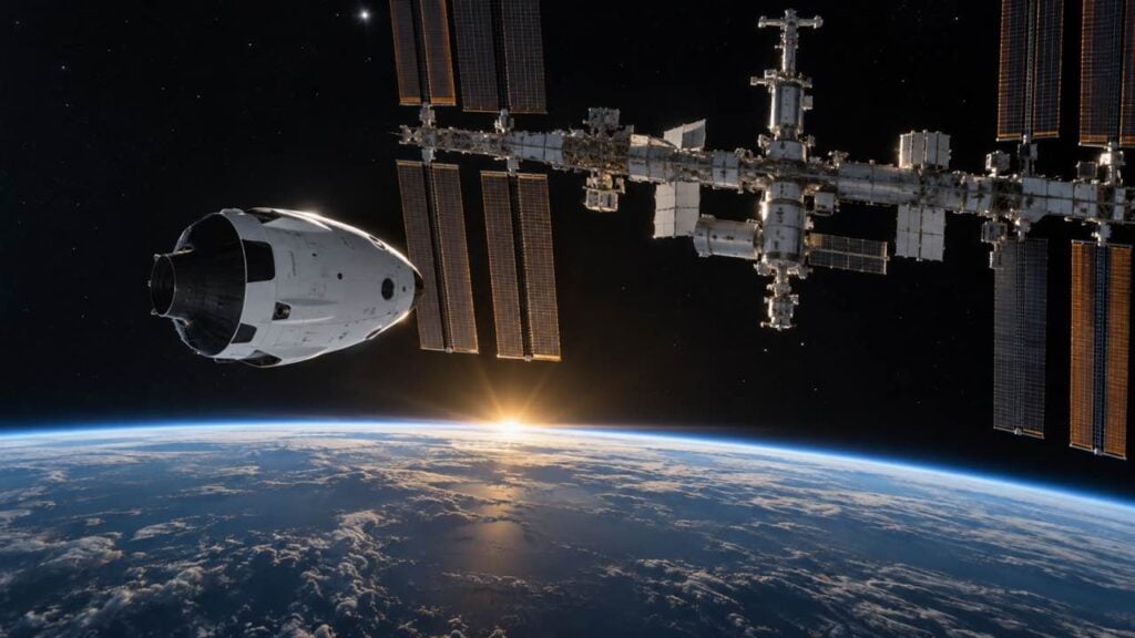Una cápsula espacial se acerca a la Estación Espacial Internacional sobre la Tierra.