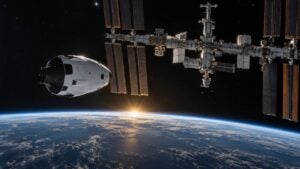 Una cápsula espacial se acerca a la Estación Espacial Internacional sobre la Tierra.