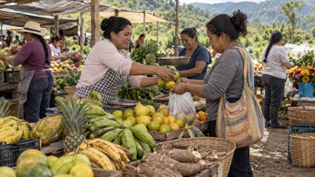 Mujeres adultas trabajan en puestos de un mercado rural al aire libre.