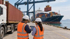 Trabajadores revisan una tableta junto a un camión mientras una grúa carga un buque en un muelle