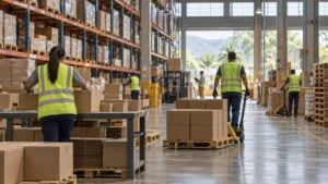 Trabajadores con chalecos reflectivos de espaldas entre cajas y estibas en una bodega logística.