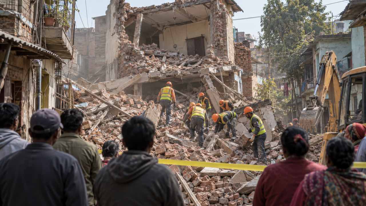 Pakistán detuvo al dueño de la escuela donde murieron al menos 30 personas, casi todas niños: la provincia auditará sus colegios 1 Rescatistas remueven escombros de un edificio de ladrillo mientras varios vecinos observan desde un callejón.