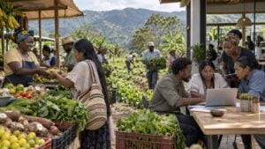 Personas afrocolombianas e indígenas trabajan en un mercado, una zona rural y una oficina.