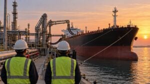 Un buque tanque cargando combustible en una terminal portuaria al atardecer, observado por dos trabajadores.