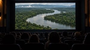 Público visto de espaldas en una sala de cine mientras en la pantalla aparece un río entre la selva.