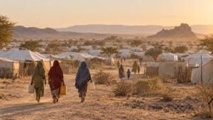 Mujeres y niños de espaldas cargan bidones entre tiendas blancas en una zona árida de Darfur.