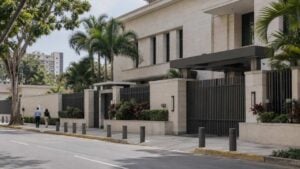 Fachada genérica de una embajada con dos personas caminando por una acera en una ciudad centroamericana.