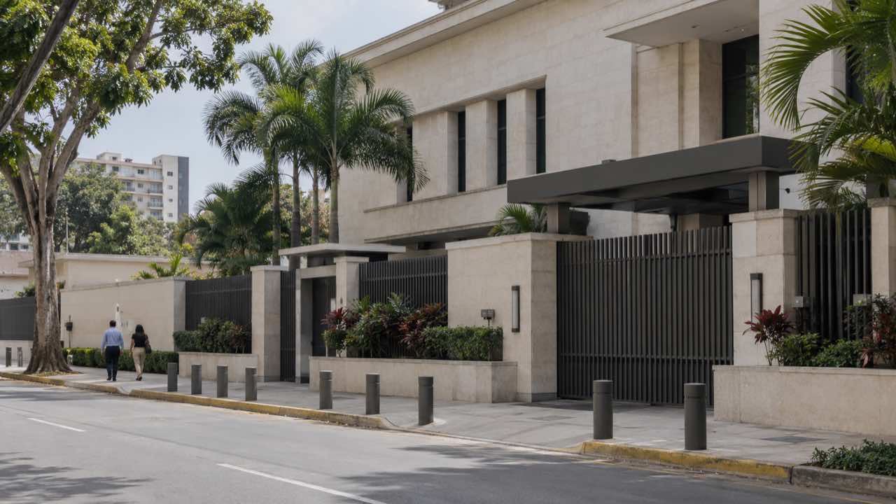 Estados Unidos llamó a consultas al encargado de negocios en Nicaragua: Ortega y Murillo negaron beneplácito a Natasha Franceschi 1 Fachada genérica de una embajada con dos personas caminando por una acera en una ciudad centroamericana.