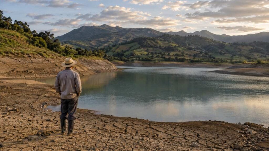 Campesino revisa un reservorio de agua con nivel bajo en una finca de la región Andina.