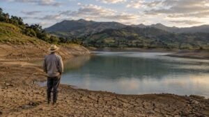 Campesino revisa un reservorio de agua con nivel bajo en una finca de la región Andina.