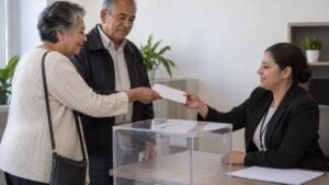 Dos personas mayores entregan su voto en una urna transparente en una oficina consular.