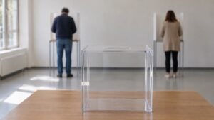 Una urna electoral vacía sobre una mesa en un salón.