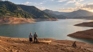 Pescadores caminan por la orilla descubierta de un embalse andino con el nivel del agua bajo.