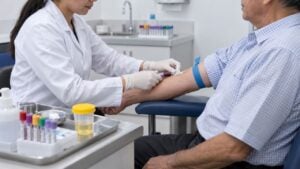 Una bacterióloga toma una muestra de sangre a un paciente en un laboratorio clínico.
