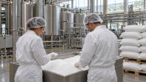 Dos operarios revisan cristales blancos dentro de una planta química con tanques de acero