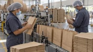 Dos operarios revisan bolsas de papel kraft que salen de una máquina en una planta de empaques.