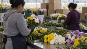 Dos trabajadoras clasifican crisantemos de varios colores en una sala de poscosecha de flores.