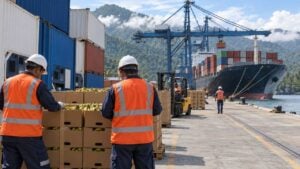 Trabajadores portuarios junto a contenedores refrigerados y cajas de banano en una terminal tropical