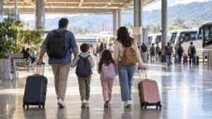 Una familia con maletas camina por una terminal de transporte para viajar en un puente festivo.