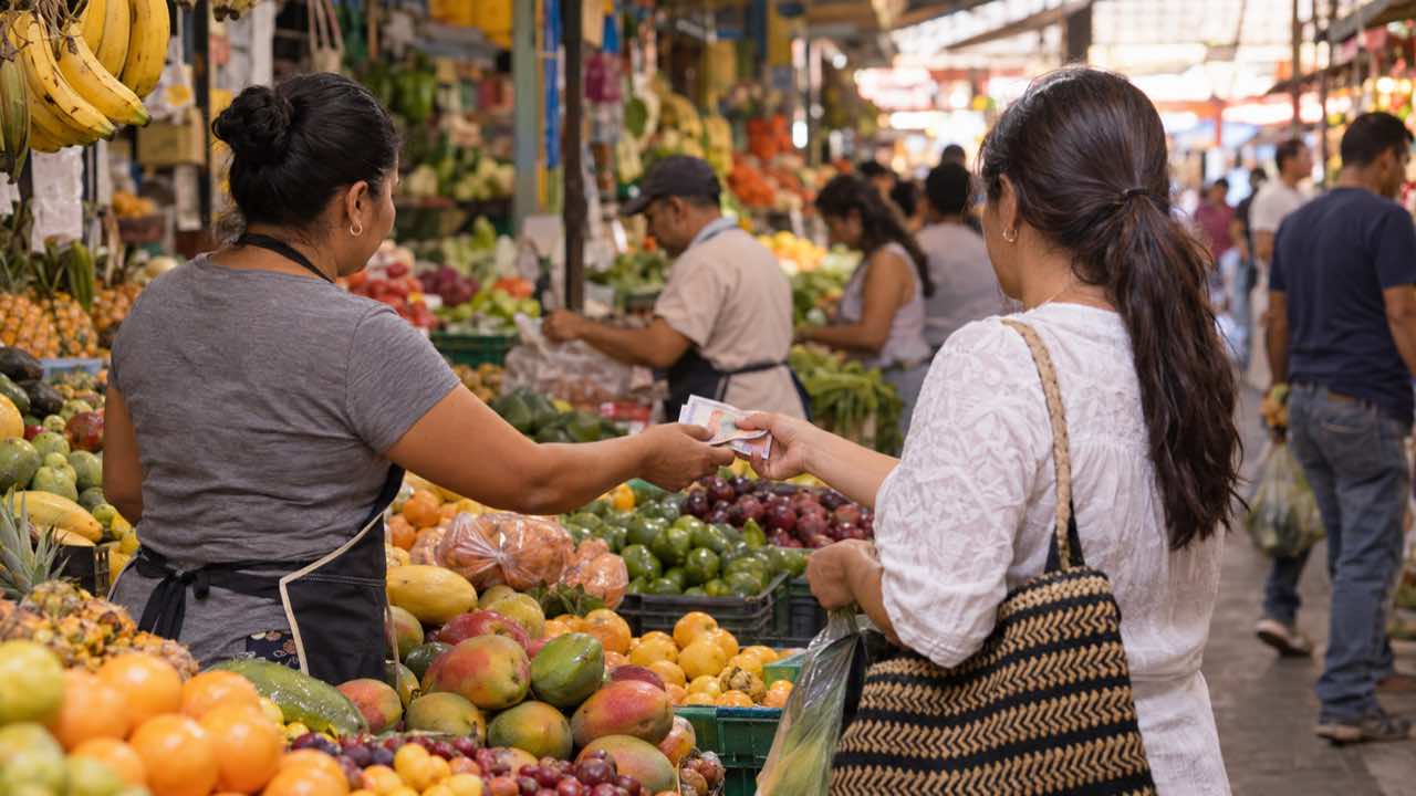 El FMI recortó a 2,2 % el crecimiento de Colombia en 2026: proyecta que el desempleo de los trabajadores suba a 10 % en 2027 1 Una vendedora de frutas recibe el pago de un cliente en un mercado popular de una ciudad colombiana.