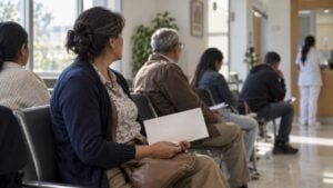 Una maestra espera su turno en la sala de espera de una clínica con exámenes médicos en las manos.