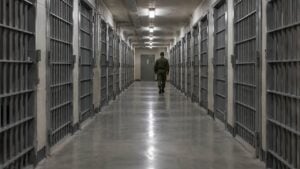pasillo de una prisión militar con rejas y un guardia de espaldas al fondo.
