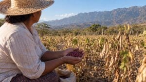Una agricultora sostiene granos de frijol rojo en un cultivo del Caribe seco colombiano.