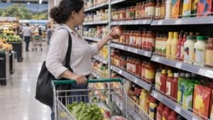 Mujer de perfil elige un frasco de salsa en el pasillo de un supermercado colombiano.