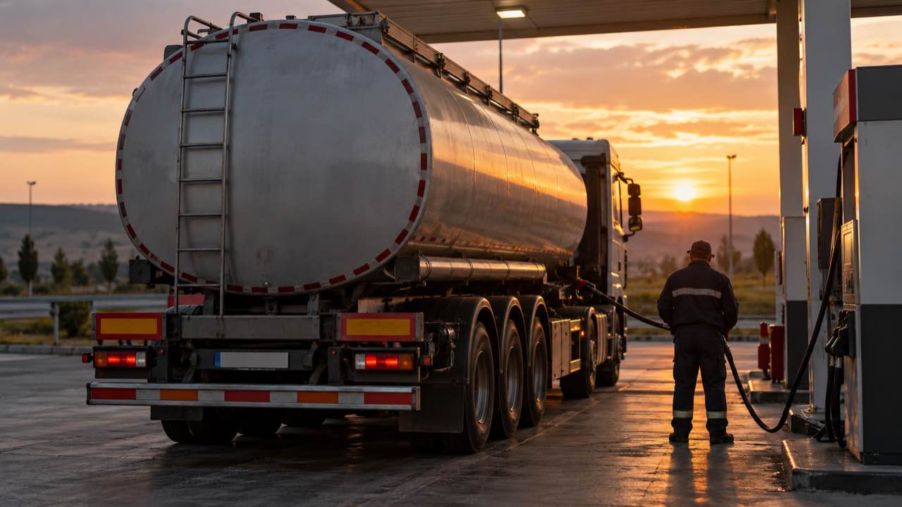 Macron y los líderes del G7 liberarán 100 millones de barriles para proteger a hogares y empresas: adelantarán diésel en 20 días 1 Un conductor llena de diésel su camión en una estación de servicio al atardecer.