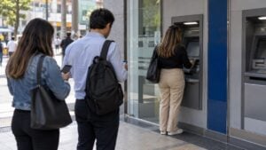 Una mujer usa un cajero automático mientras dos personas esperan su turno a la entrada de una sucursal bancaria.