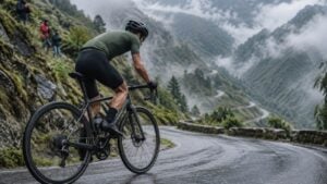 Un ciclista profesional sube un puerto de montaña entre curvas y neblina.