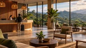 Recepción de un hotel con un huésped de espaldas, una recepcionista lejana y cafetales tras el ventanal.