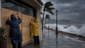 Dos personas protegen con tablas un local frente al mar mientras olas grandes golpean el malecón antes del huracán.