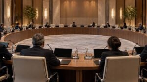 Delegados de espaldas participan en una sesión diplomática alrededor de una mesa en herradura.