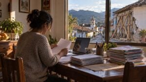Docente revisa papeles junto a un portátil y cuadernos, con una pared apuntalada visible por la ventana.