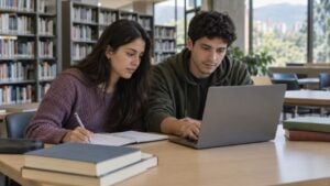 Dos estudiantes universitarios revisan un portátil y hacen cuentas en un cuaderno en una biblioteca.