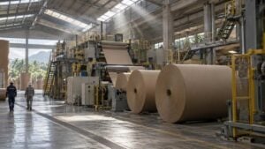 Dos operarios de espaldas junto a bobinas de papel kraft en una planta de papel y cartón.