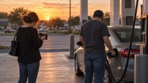 Conductor de espaldas llena el tanque en una estación de gasolina suburbana al atardecer.