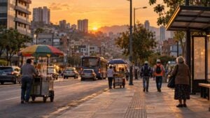 Vendedores informales y otros trabajadores caminan por una calle latinoamericana al atardecer.