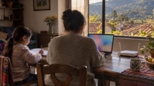 Mujer trabaja en un portátil junto a un router mientras un niño hace tareas en una casa andina.