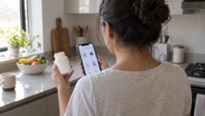 Una mujer revisa en su celular una tienda en línea mientras sostiene un frasco de cápsulas.